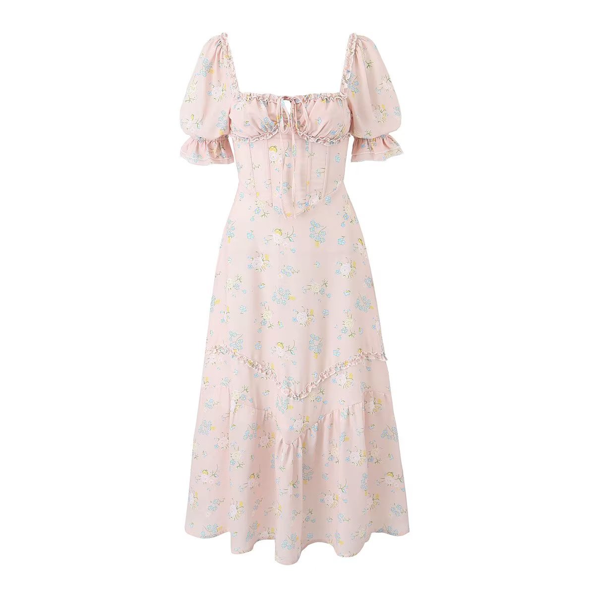 Robe de fée d'été élégante pour femmes, petite, col carré, manches bouffantes, premier amour français, douce robe en mousseline de soie, pause thé, robe florale