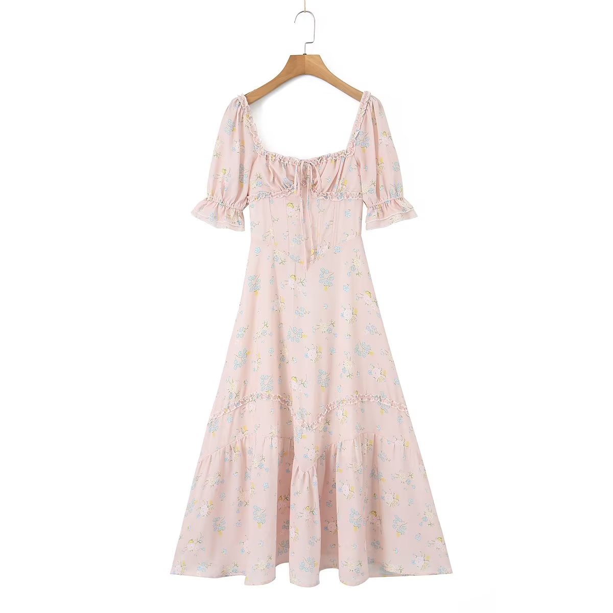 Robe de fée d'été élégante pour femmes, petite, col carré, manches bouffantes, premier amour français, douce robe en mousseline de soie, pause thé, robe florale