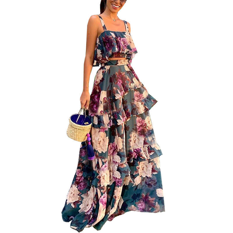 Women Women Clothing Two-Piece Dress Suspender Top Lotus Leaf Estampado Floral Long Skirt Set