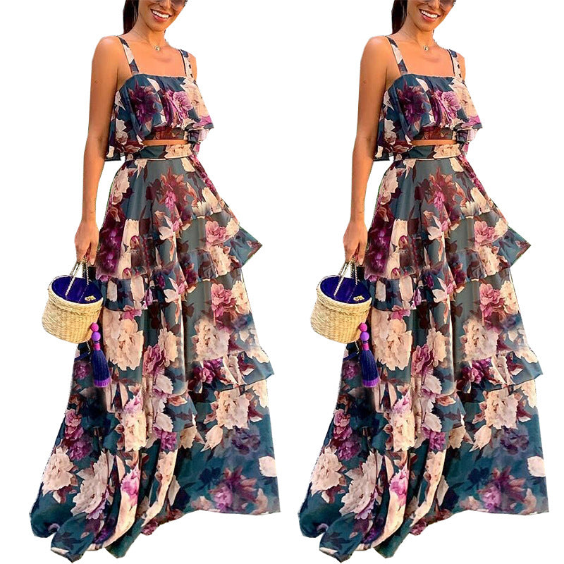 Women Women Clothing Two-Piece Dress Suspender Top Lotus Leaf Estampado Floral Long Skirt Set