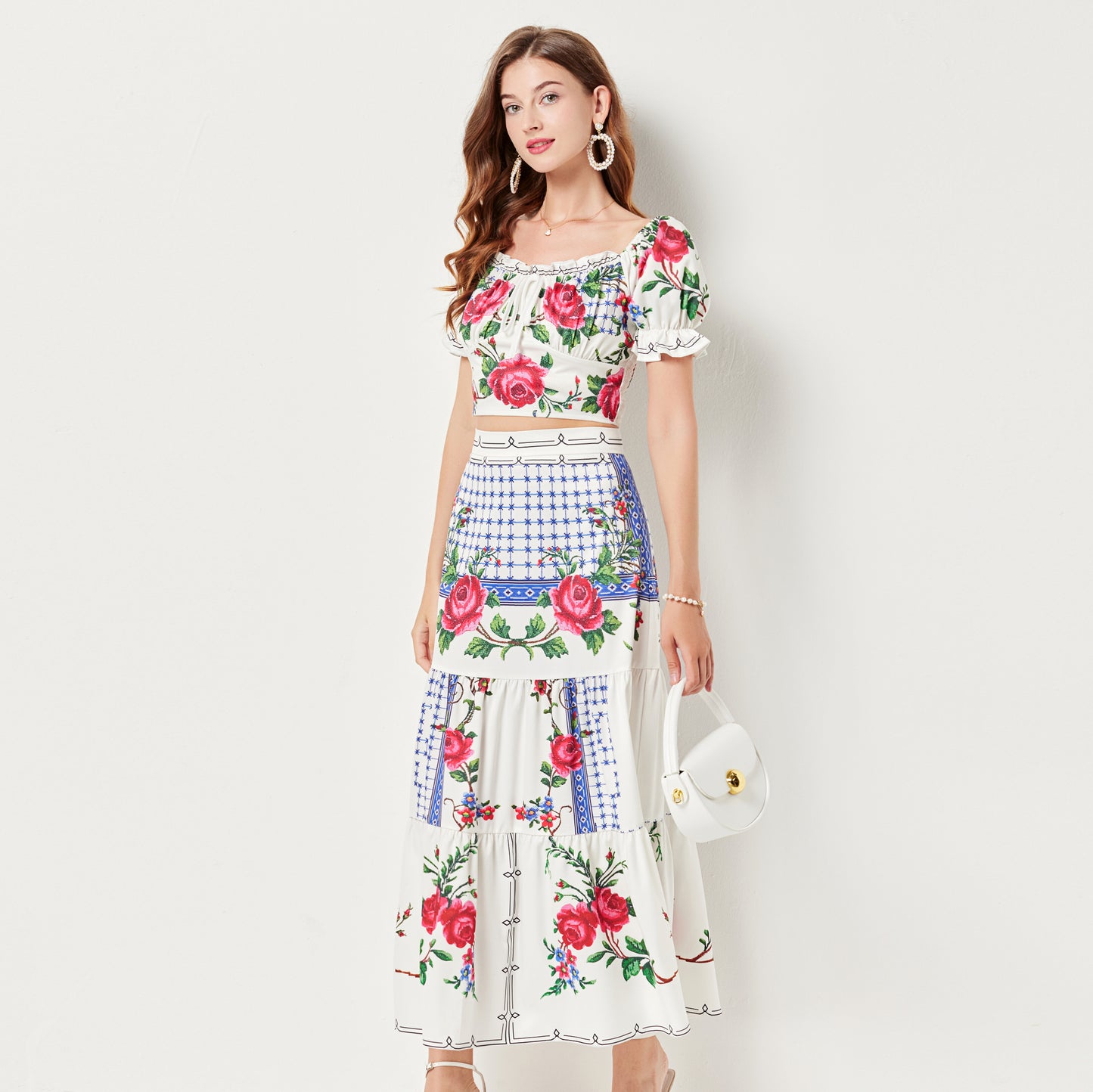 Women Summer Rose Print Shoulder Short Sleeve Top 3 Layer Stitching Skirt Set