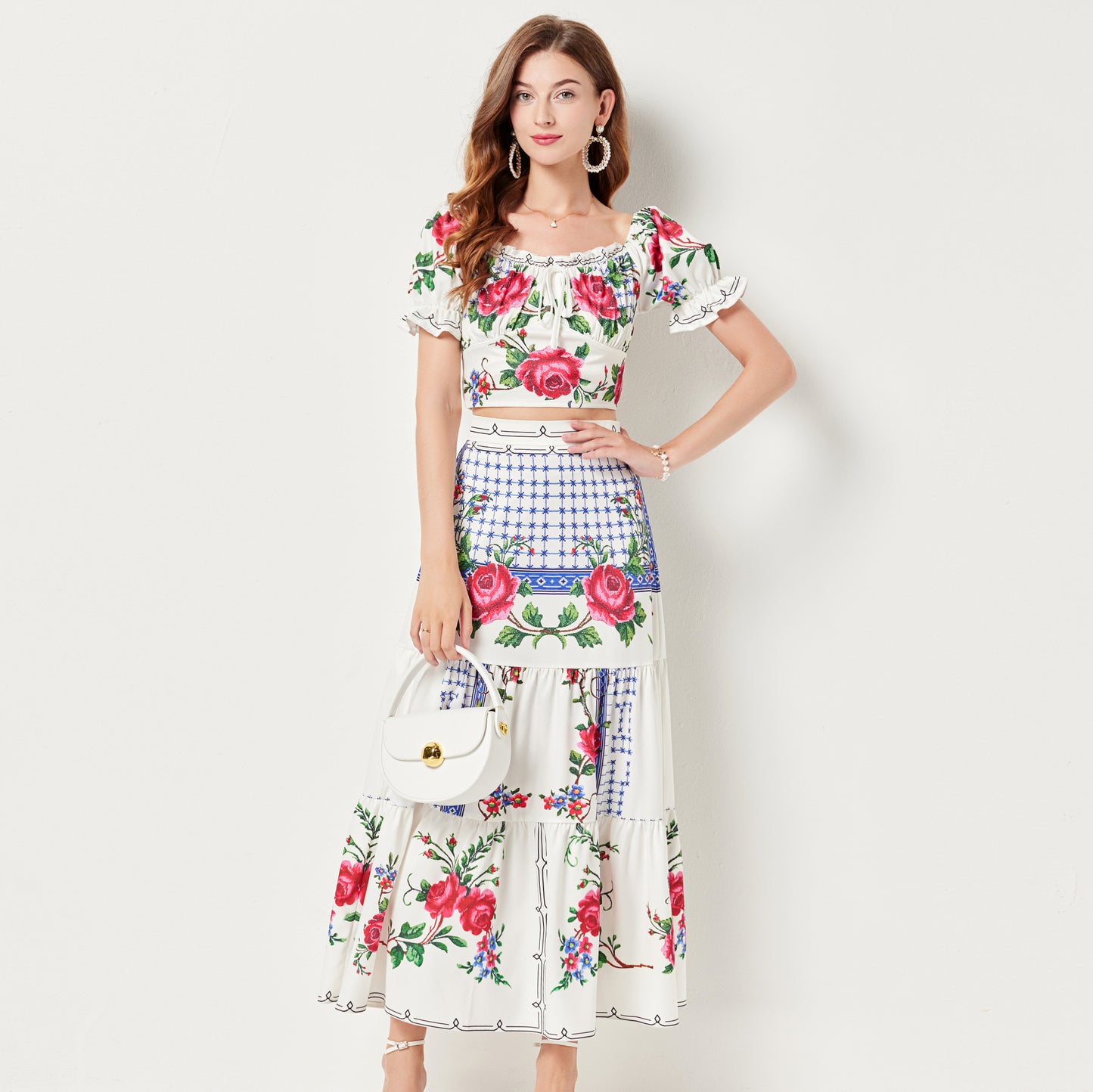 Women Summer Rose Print Shoulder Short Sleeve Top 3 Layer Stitching Skirt Set