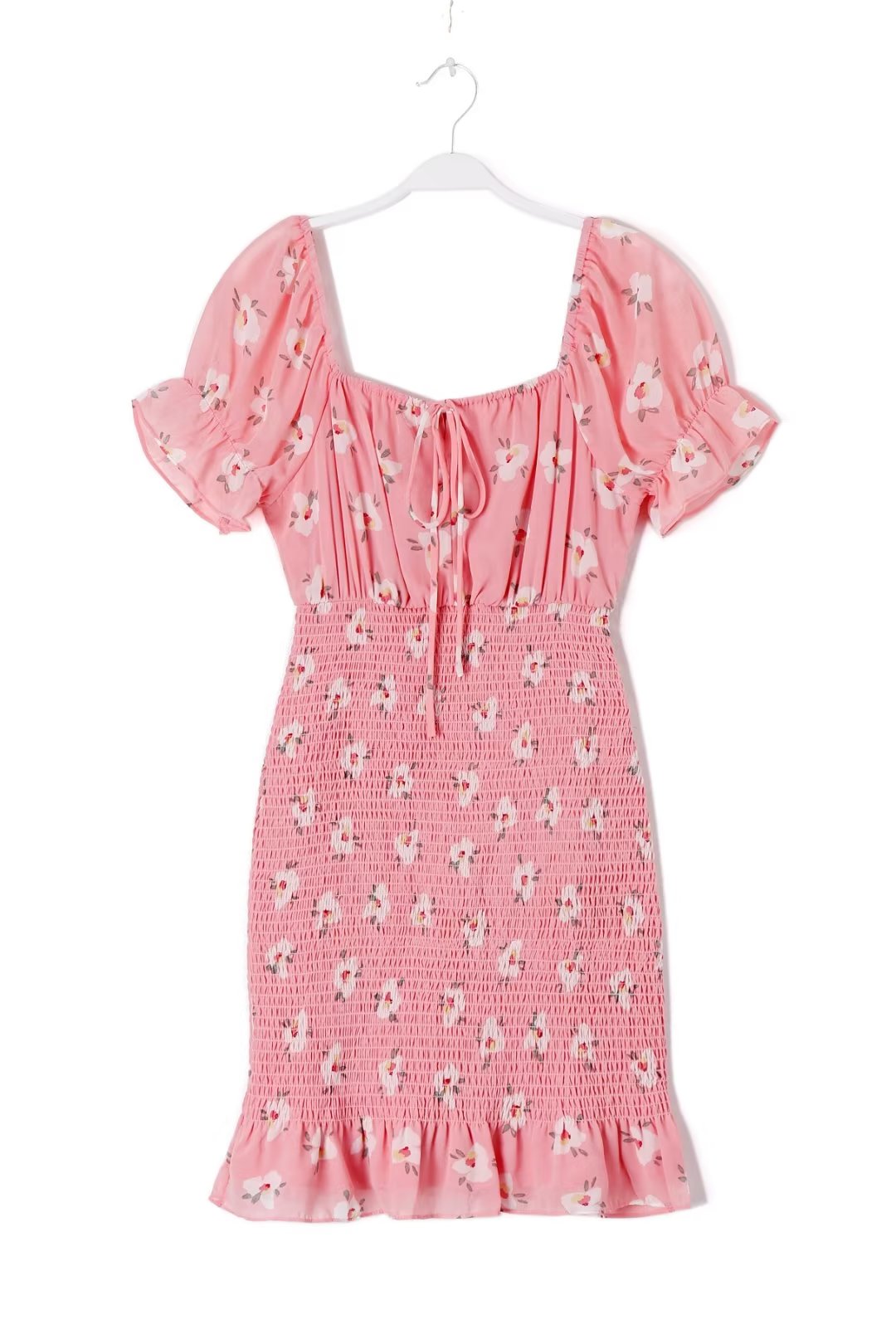 Robe à manches courtes pour femmes, poitrine ajourée, découpe, nouée, rose, imprimé, feuille de lotus, robe pour femmes