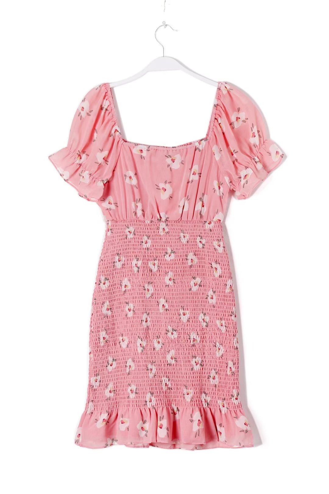 Robe à manches courtes pour femmes, poitrine ajourée, découpe, nouée, rose, imprimé, feuille de lotus, robe pour femmes