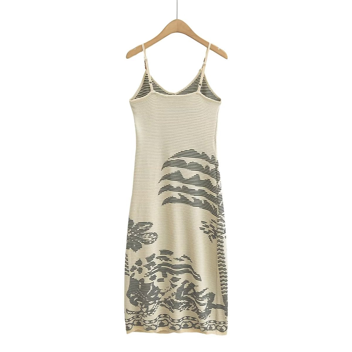 Robe tricotée à bretelles en jacquard de vacances de couleur contrastée Robe d'été taille haute pour femme