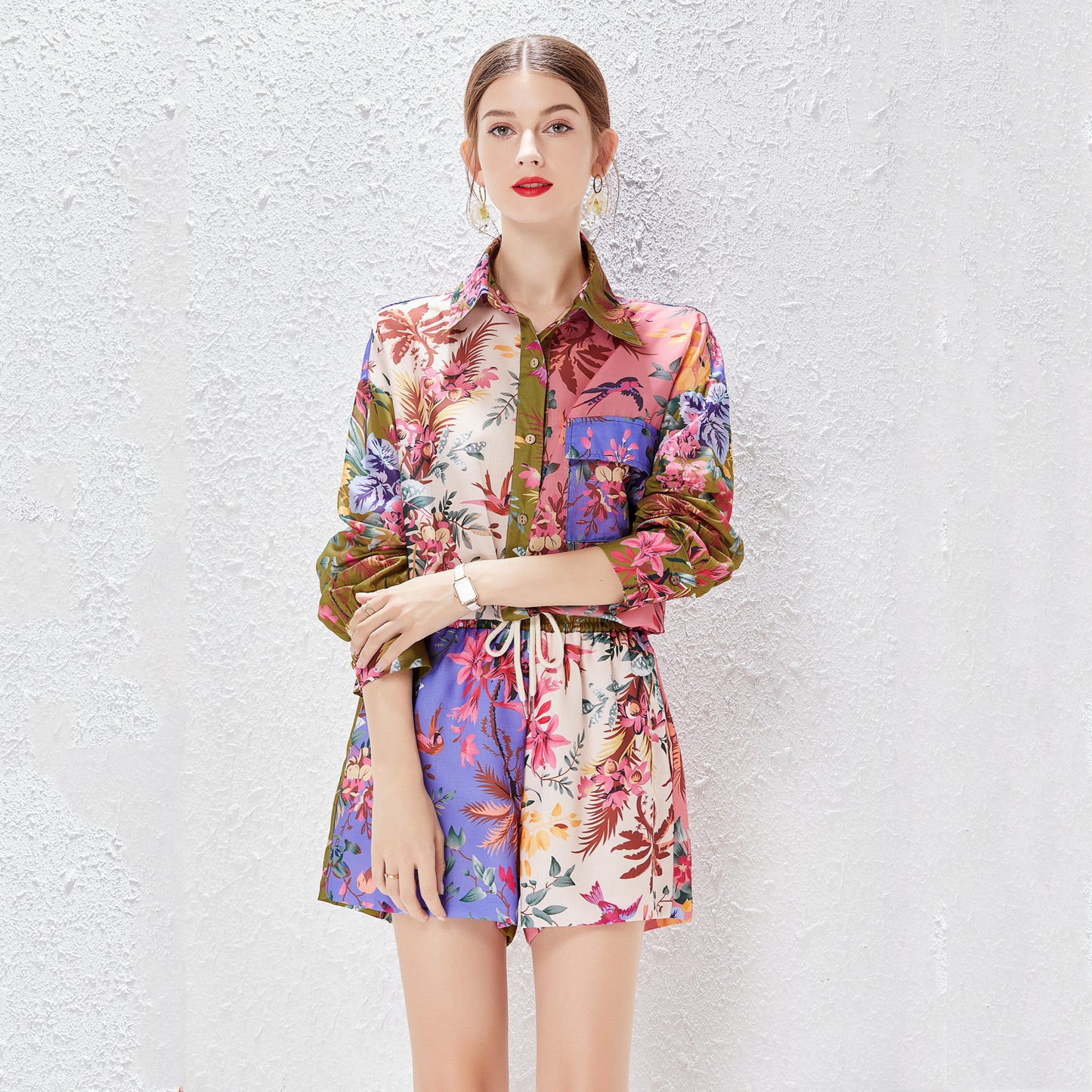 Women Spring Summer and Autumn New Two piece Single breasted Shirt Positioning Printed Loose Cotton and Linen Loose Waist Shorts Set