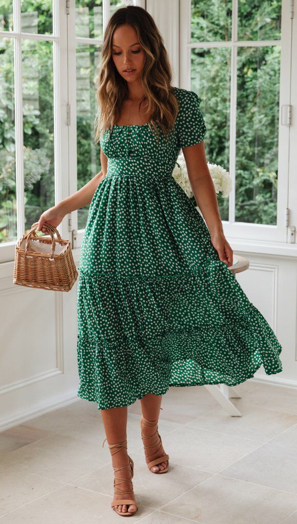 Robe d'été à manches courtes et col carré, robe longue bouffante imprimée florale