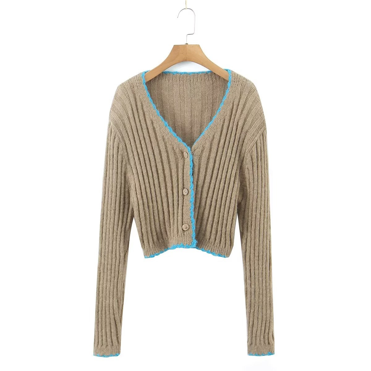 Sweet Contrast Color Handmade Crochet Knitted Cardigan Women Spring Sexy Slim Fit V neck Single Breasted Sweater