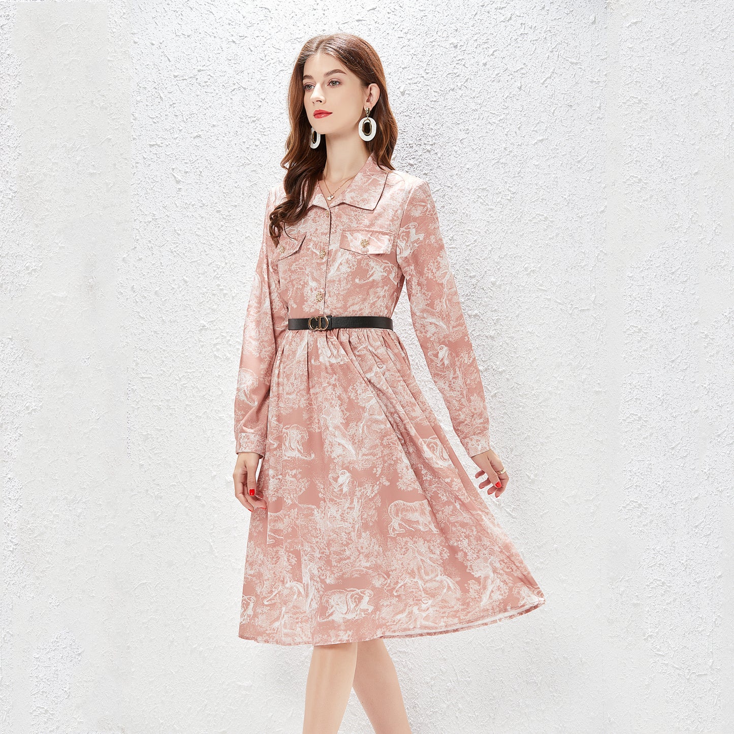 Women Summer New Elegant Shirt A word Dress Midi Dress Jungle Print Dress