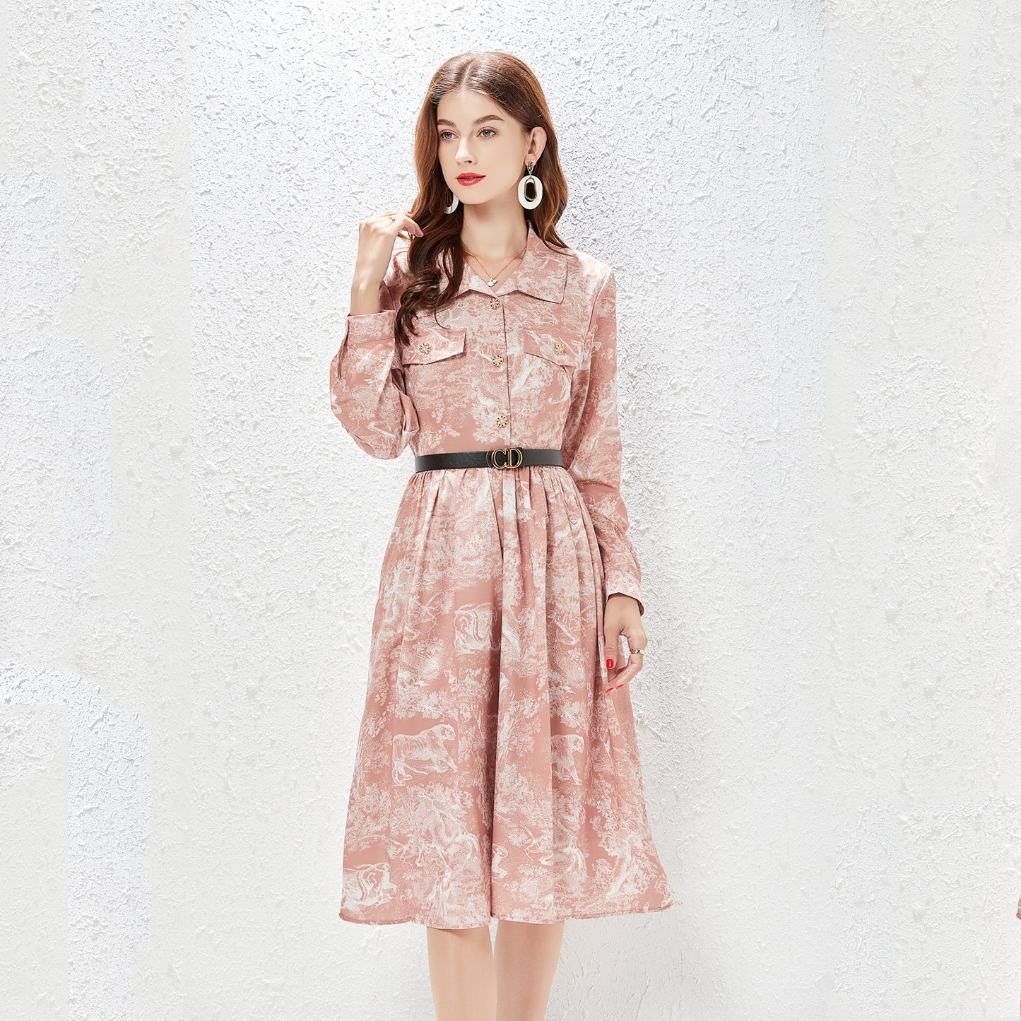 Women Summer New Elegant Shirt A word Dress Midi Dress Jungle Print Dress