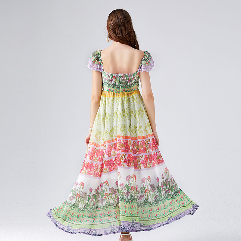 Vestido de gasa con estampado de flores coloridas y contraste nuevo de verano para mujer, vestido de línea A con cintura alta y espalda de goma