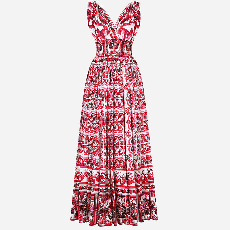 Vestido de verano nuevo con escote en V y tirantes finos, estampado de goma y cintura alta para mujer