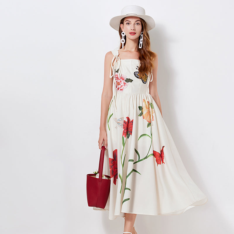 Vestido de verano con tirantes y estampado bordado de flores y mariposas, nuevo diseño de nicho de verano para mujer, vestido ajustado de cintura alta