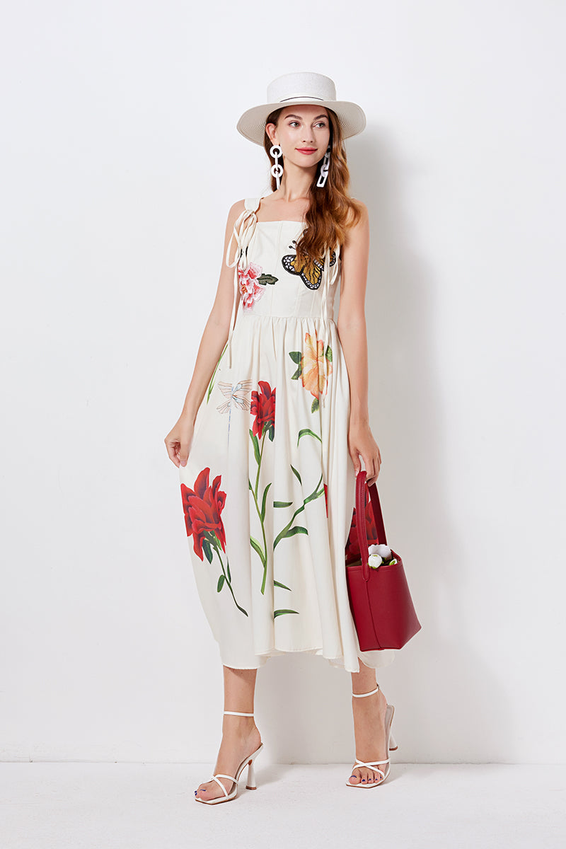 Vestido de verano con tirantes y estampado bordado de flores y mariposas, nuevo diseño de nicho de verano para mujer, vestido ajustado de cintura alta