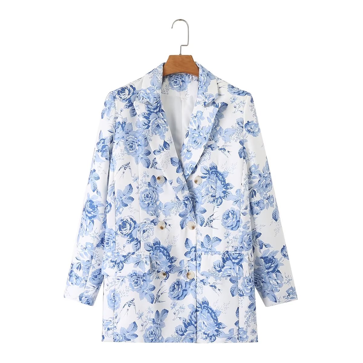 Vêtements de printemps pour femmes, blazer amincissant décontracté à taille ajustée, imprimé porcelaine bleu et blanc assorti