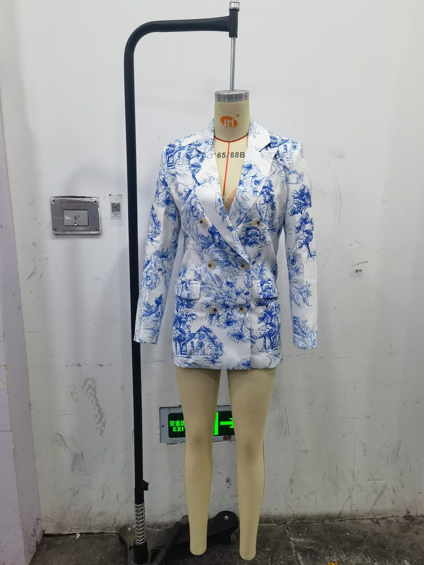 Vêtements de printemps pour femmes, blazer amincissant décontracté à taille ajustée, imprimé porcelaine bleu et blanc assorti