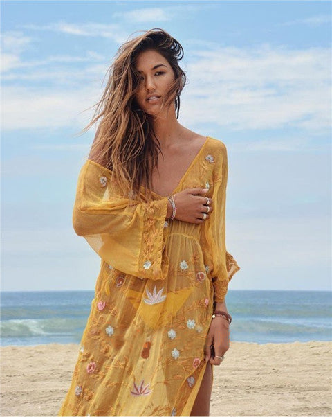 Women Summer Vacation Elegant Embroidered Beach Yellow Sari Dress