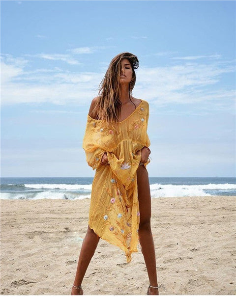 Women Summer Vacation Elegant Embroidered Beach Yellow Sari Dress