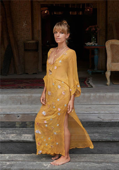 Women Summer Vacation Elegant Embroidered Beach Yellow Sari Dress