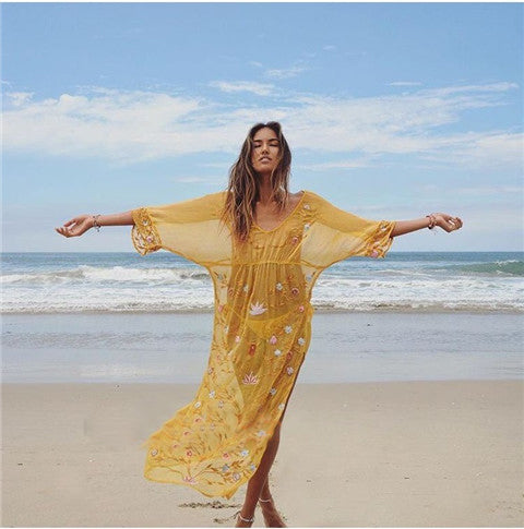 Women Summer Vacation Elegant Embroidered Beach Yellow Sari Dress