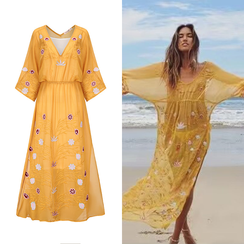 Women Summer Vacation Elegant Embroidered Beach Yellow Sari Dress