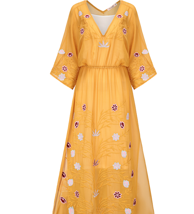 Women Summer Vacation Elegant Embroidered Beach Yellow Sari Dress