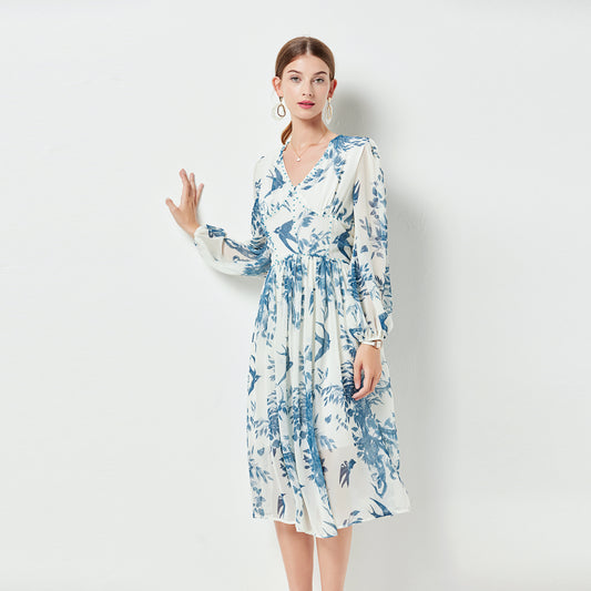 Women Summer New French Style Tight Waist V neck Dress Beaded Printing Light Luxury Blue Chiffon Midi Dress