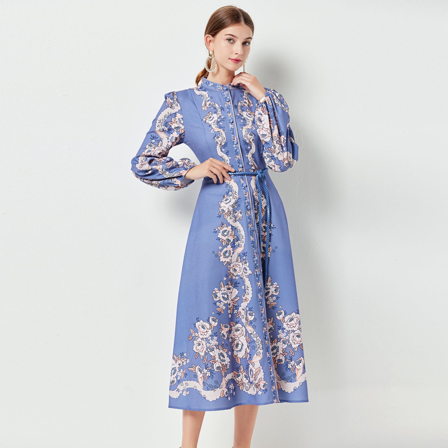 Femmes printemps et été femmes positionnement imprimé simple boutonnage ceinture robe lanterne manches poche mi-longue robe