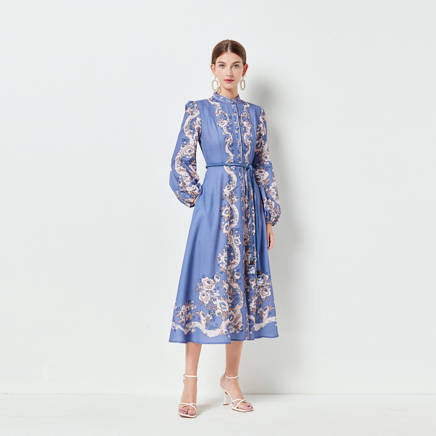 Femmes printemps et été femmes positionnement imprimé simple boutonnage ceinture robe lanterne manches poche mi-longue robe