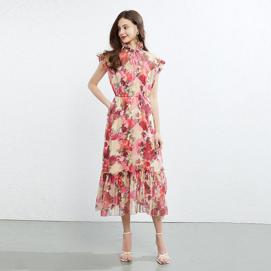 Women Summer New Arrival Fungus Lace Collar Sleeveless Dress Two Piece Printed Elegant Silk Crepe Dress