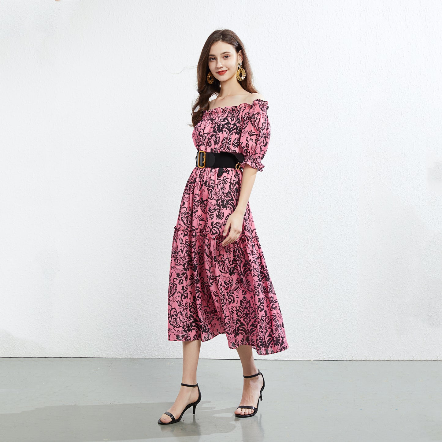 Women Summer New High Waist Slimming Printed Dress Large Swing Holiday Photo Dress with Belt Photo Holiday Red Dress