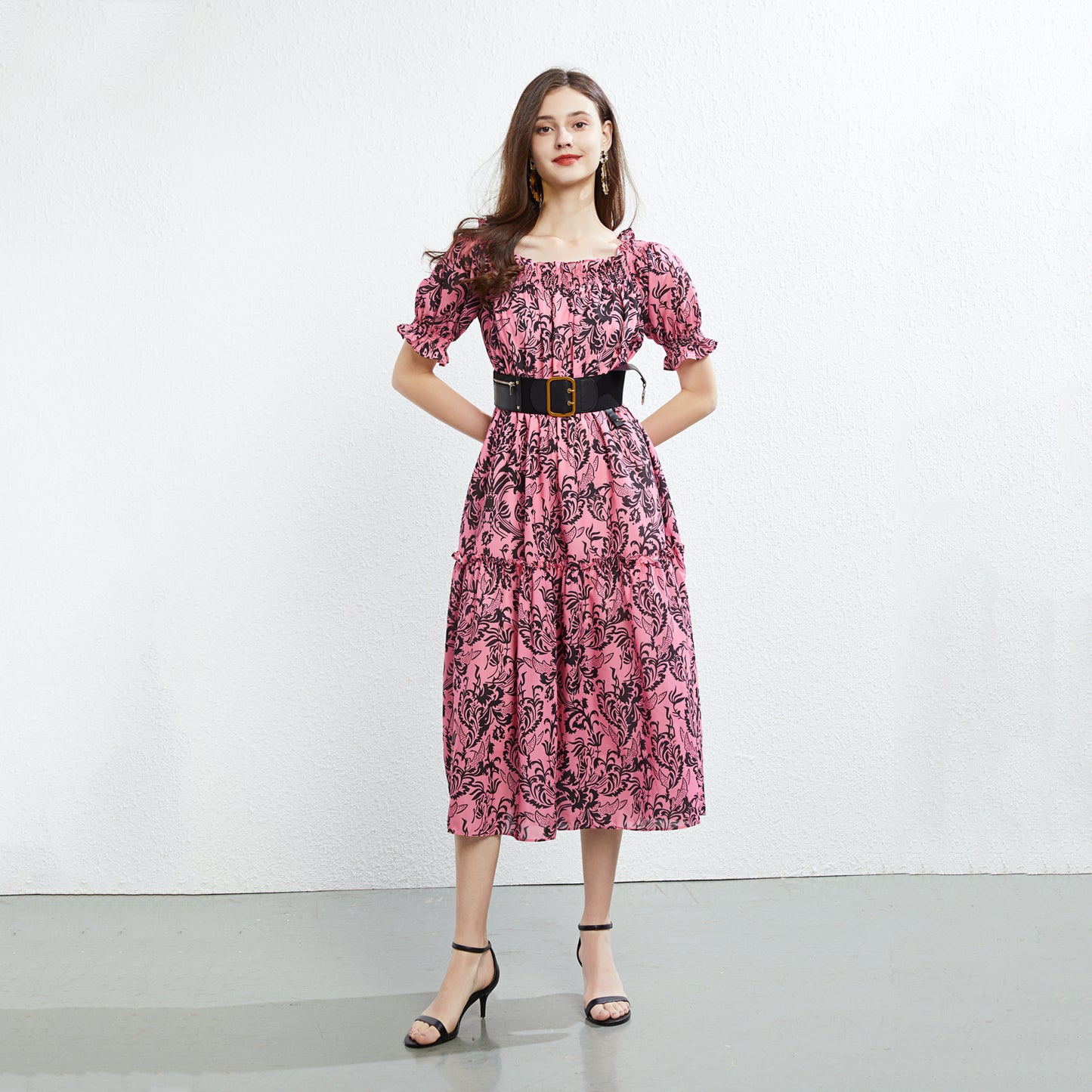 Women Summer New High Waist Slimming Printed Dress Large Swing Holiday Photo Dress with Belt Photo Holiday Red Dress