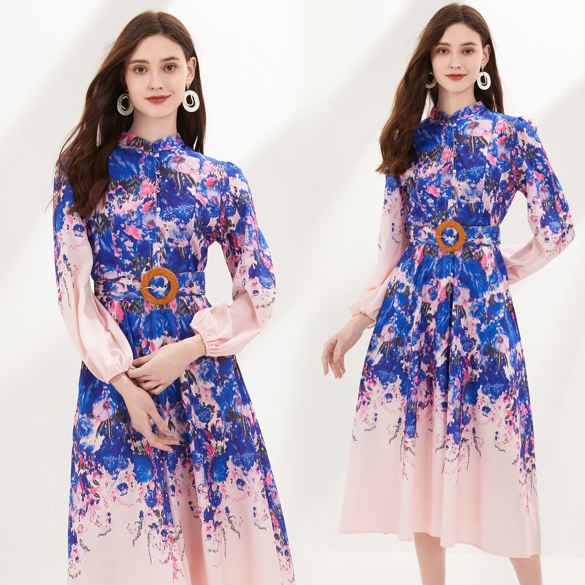 Women Summer New High Waist Slimming Single breasted Orange Positioning Printed Pocket Lantern Sleeve Dress with Belt