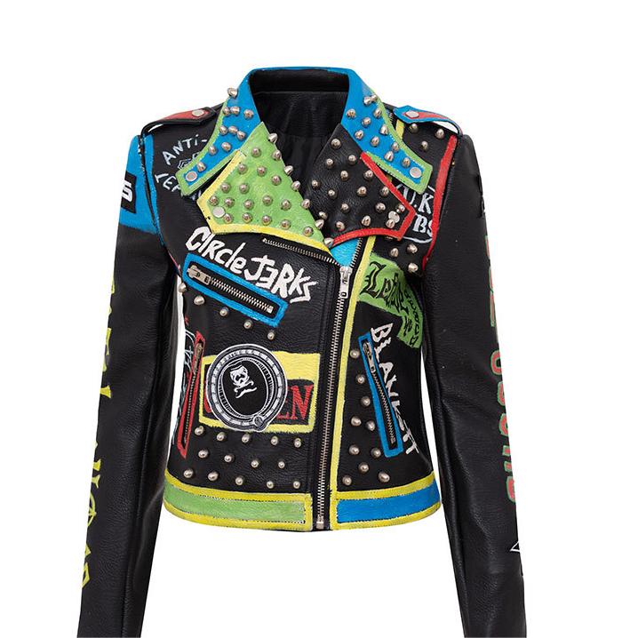 Floral Print Rivet Short Punk Motorcycle Clothing Leather Coat Women