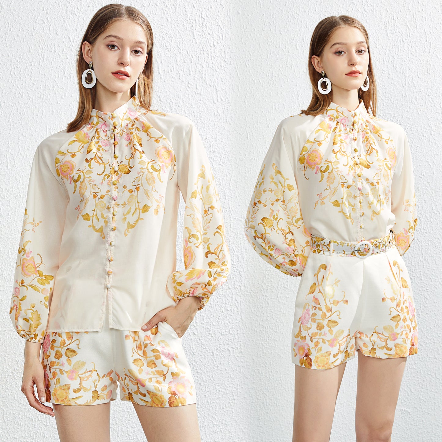 Women Summer New Two Piece Single breasted Positioning Printed Collar Shirt Top Shorts with Belt