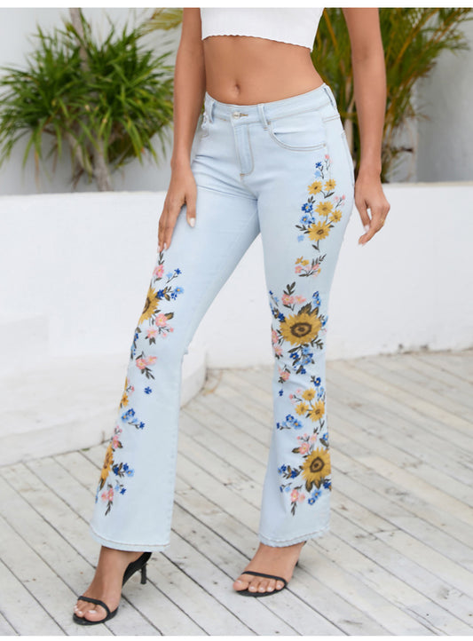 Women Wide Leg Jeans Machine Embroidery Embroidered Flared Jeans Women Denim Light