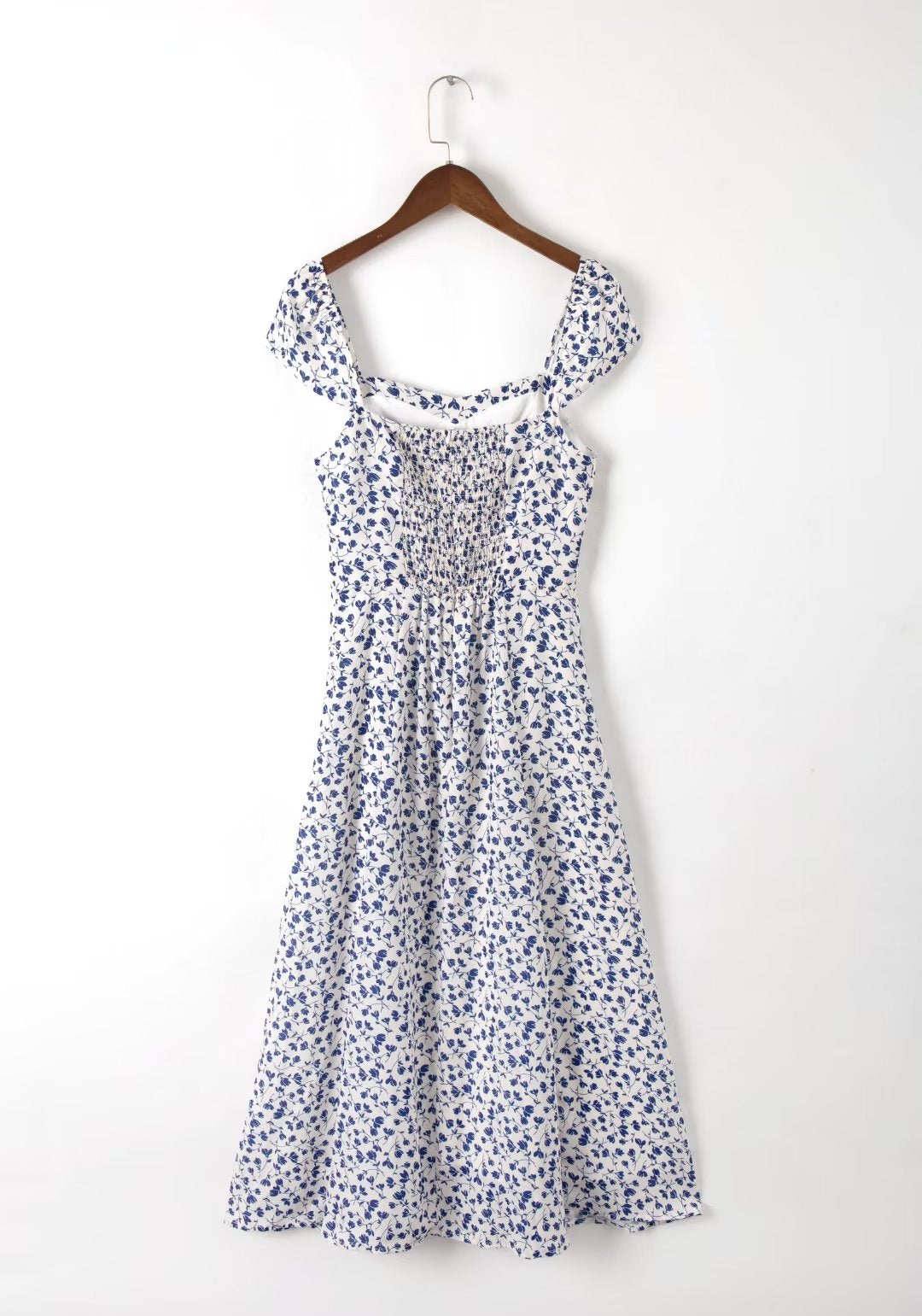 Vestido de verano para mujer, estilo francés, retro, con cuello cuadrado, estampado floral, tirantes, cintura ajustada, corte en A, vestido dividido