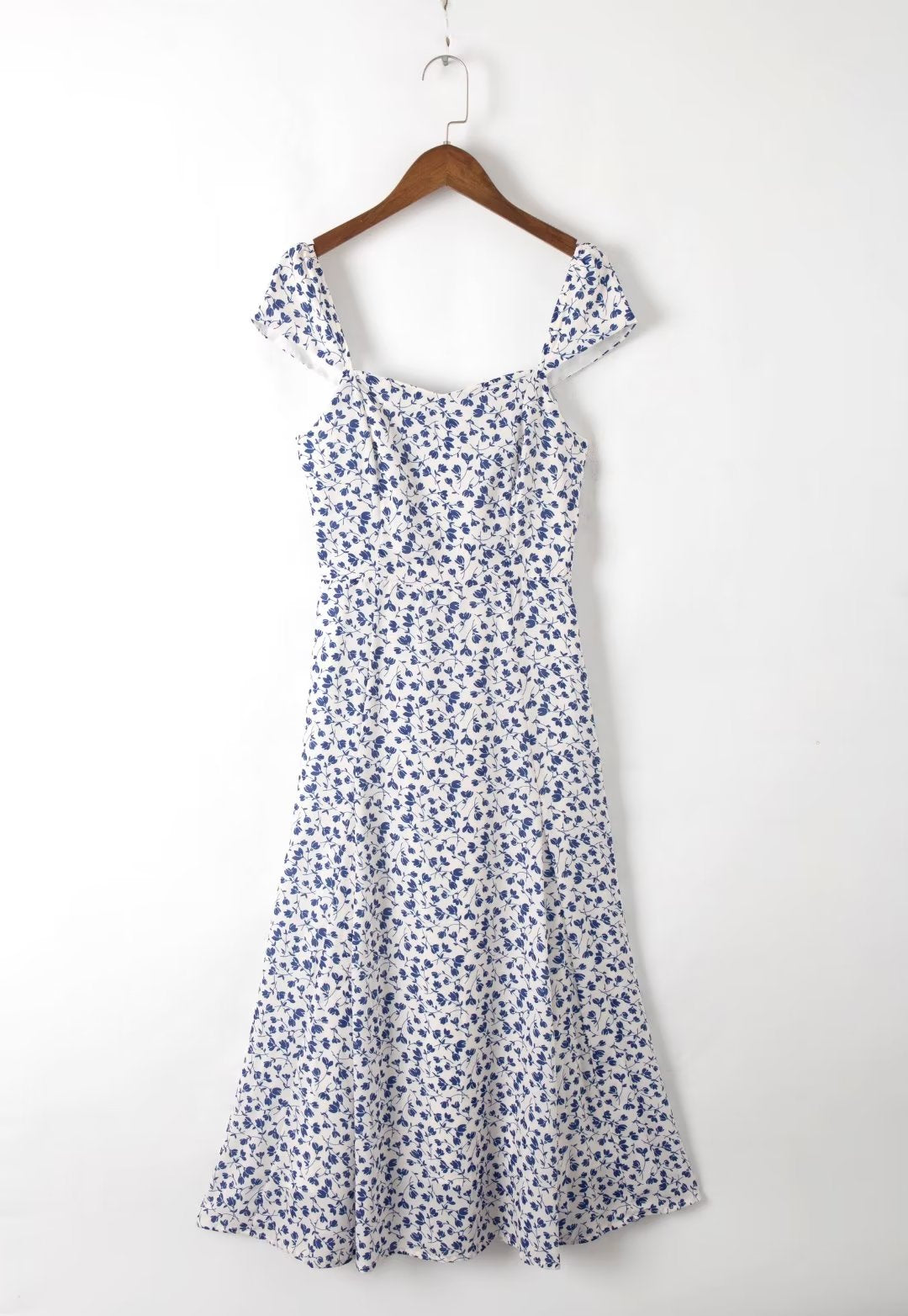 Vestido de verano para mujer, estilo francés, retro, con cuello cuadrado, estampado floral, tirantes, cintura ajustada, corte en A, vestido dividido