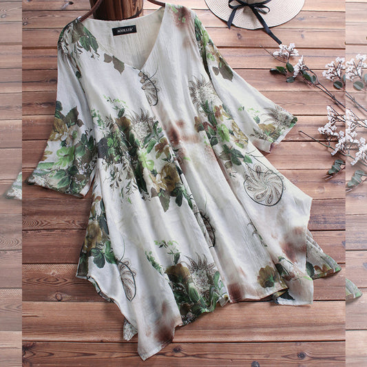 Vestido Floral con cuello en V, ropa holgada de algodón y lino de primavera para mujer de talla grande, camiseta, Top, ropa Floral de nicho para mujer