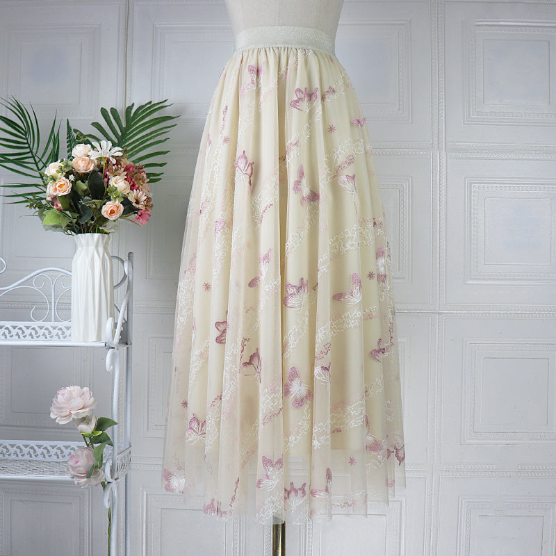 Women's Fashion Temperament Butterfly Flower Embroidery Mesh Dress