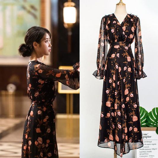 V-neck floral long sleeve dress