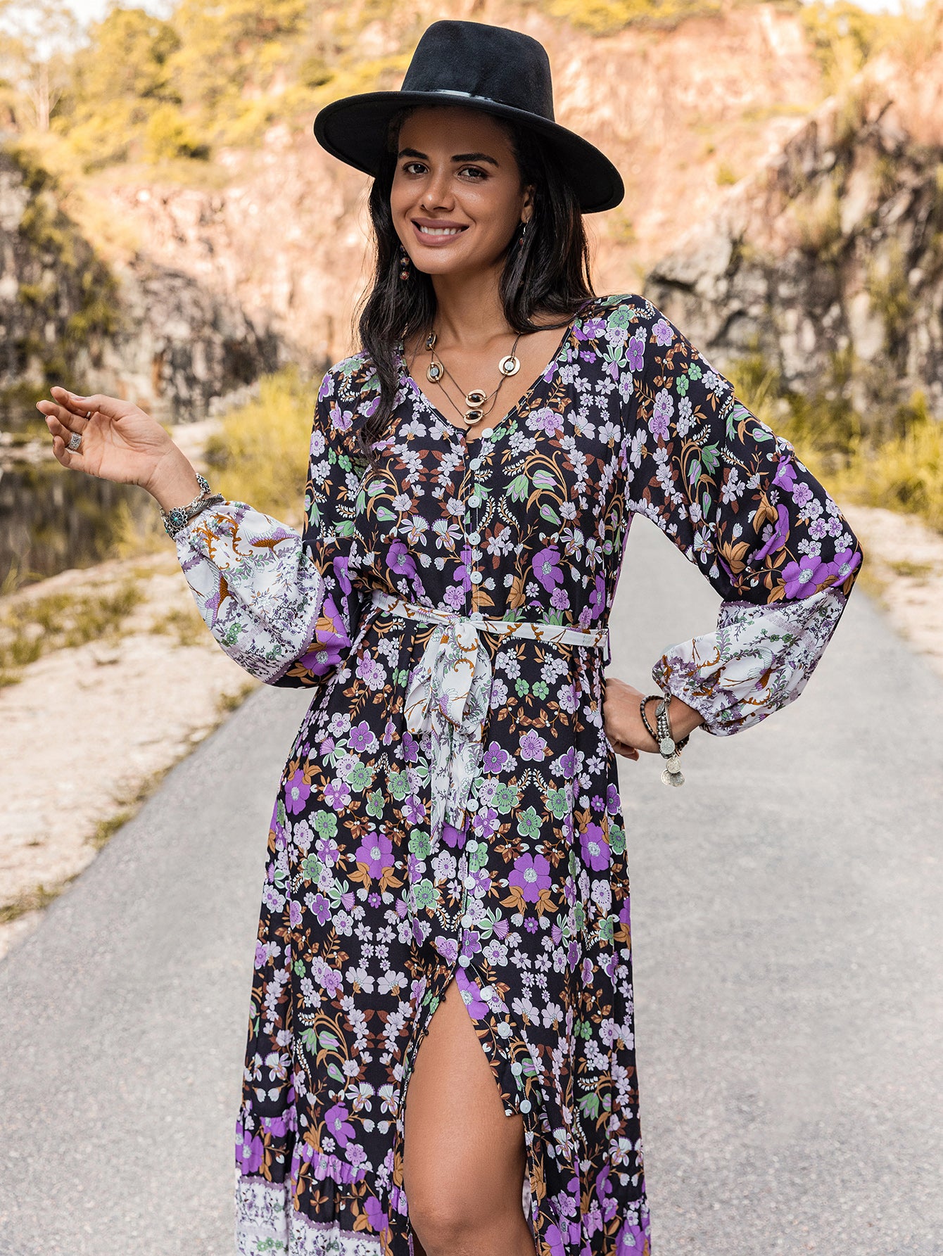 Vestido floral de manga larga otoño invierno mujer