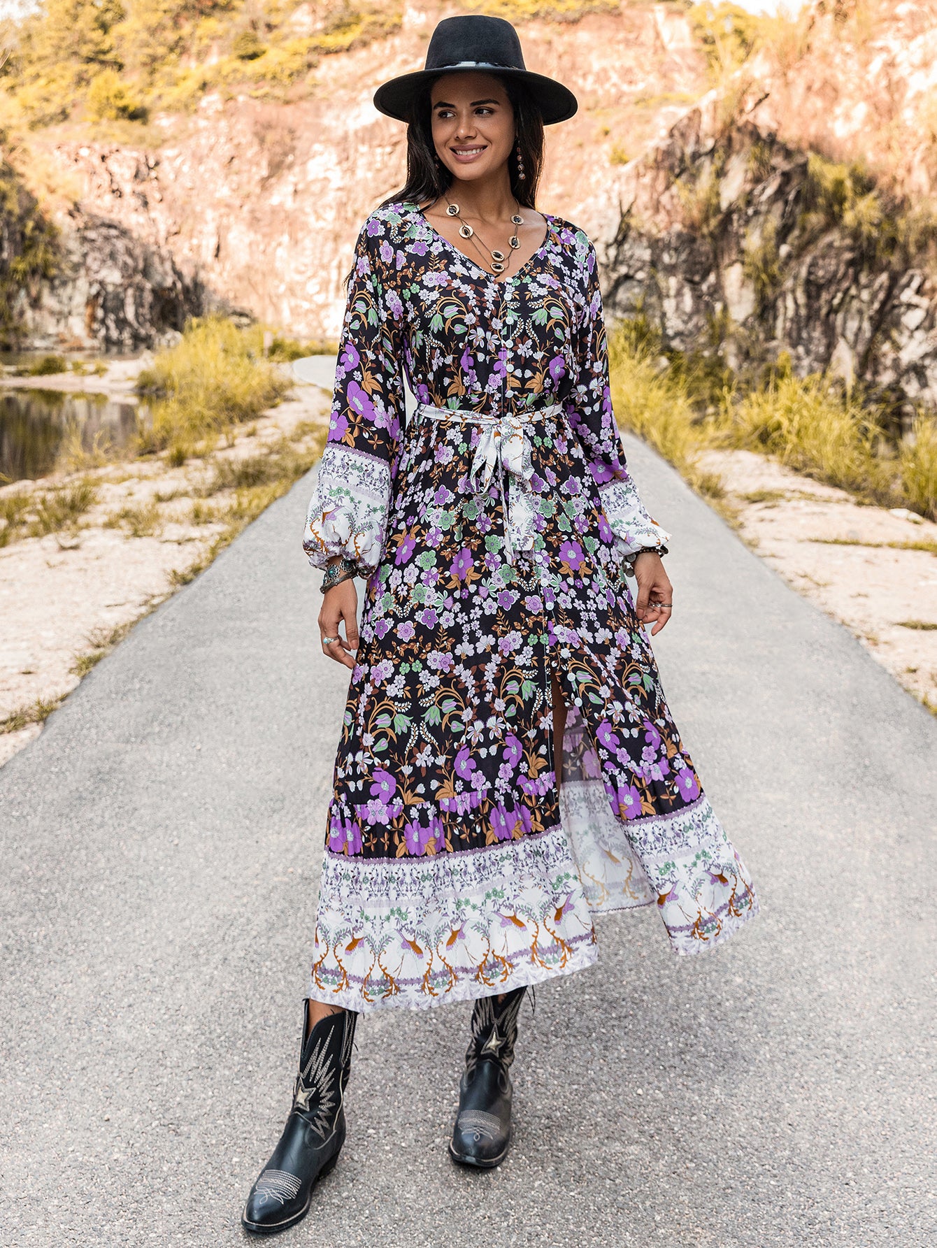 Vestido floral de manga larga otoño invierno mujer