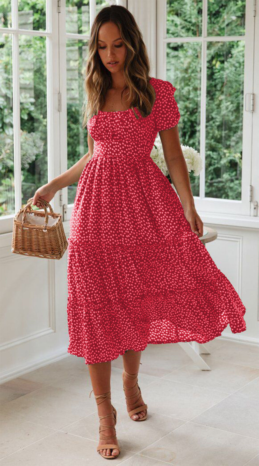 Robe d'été à manches courtes et col carré, robe longue bouffante imprimée florale