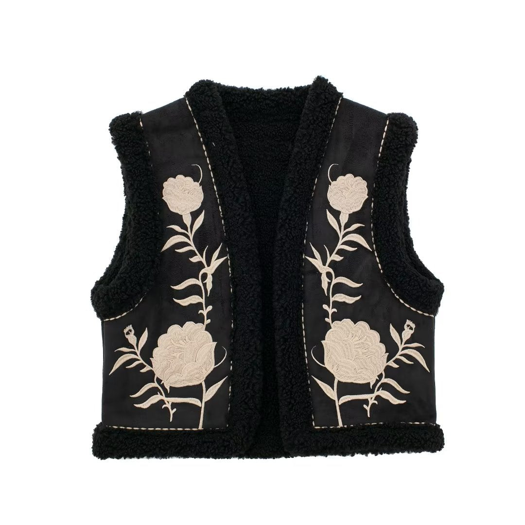 Gilet court à double face pour femme, coupe ajustée, broderie à la machine, automne et hiver