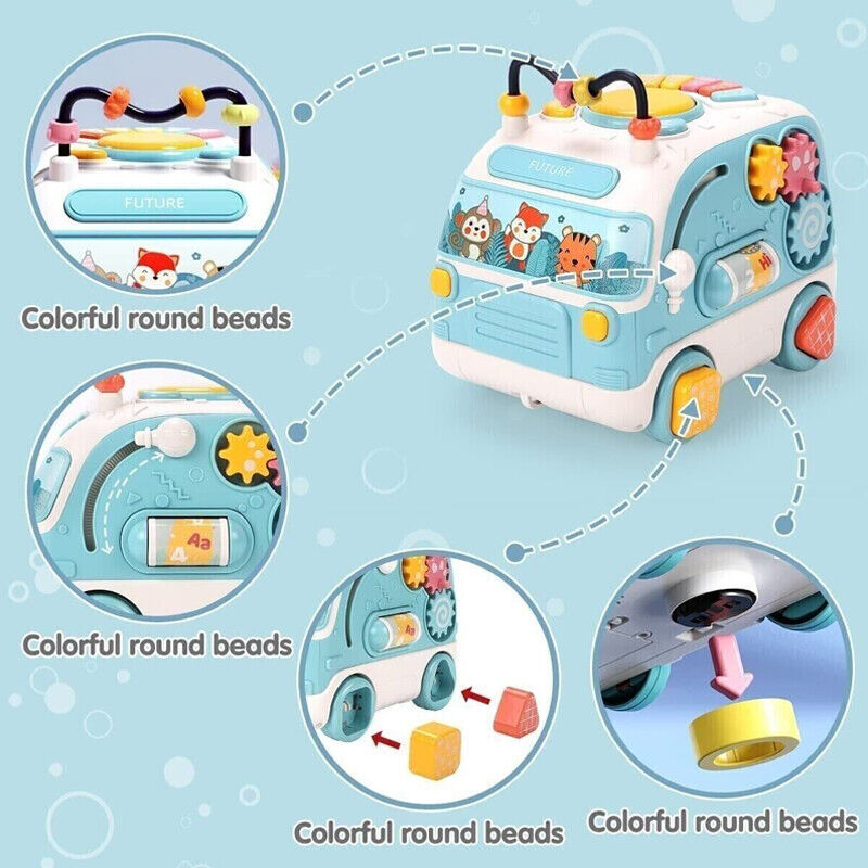 Baby Musical Bus Toys Toddler Activity Cube With Lights & Sounds Rotating Gear