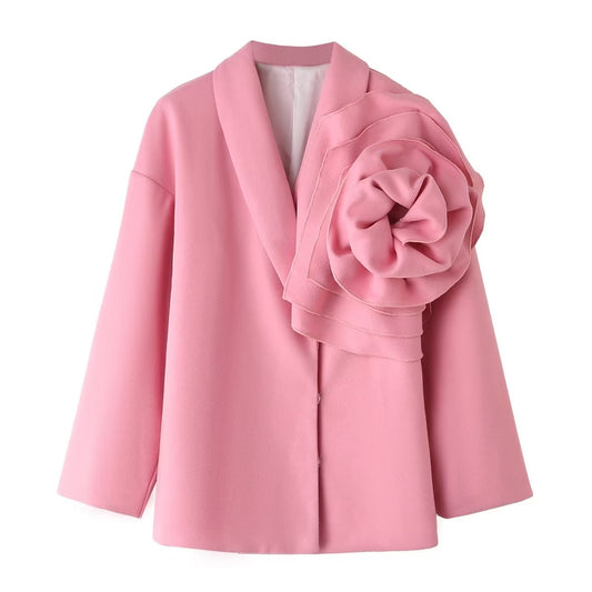 Winter Fashionable Western Three Dimensional Floral Decoration All Match Pink Woolen Blazer Women