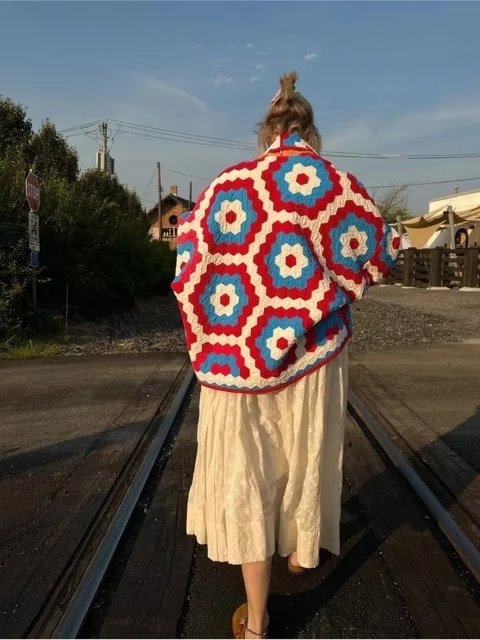 Ropa de mujer de otoño, abrigo de algodón holgado con estampado geométrico abstracto y acolchado de retazos