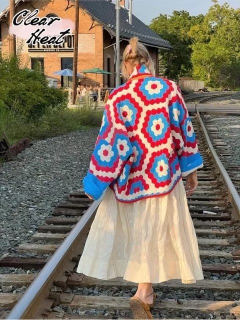 Ropa de mujer de otoño, abrigo de algodón holgado con estampado geométrico abstracto y acolchado de retazos