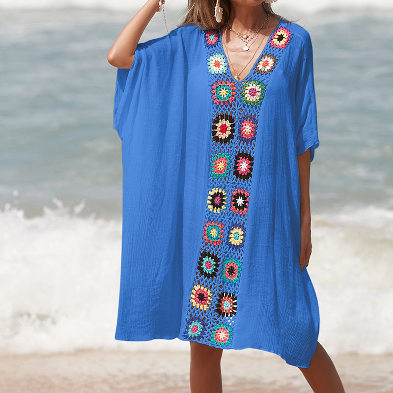 Robe de plage respirante à col en V, couture au crochet à la main, motif coloré